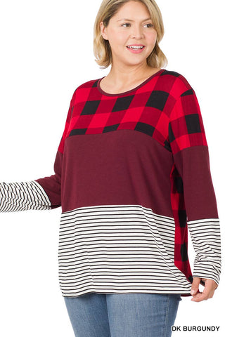 SI-21494 PLUS BUFFALO PLAID STRIPE COLOR BLOCK SPLICING TOP