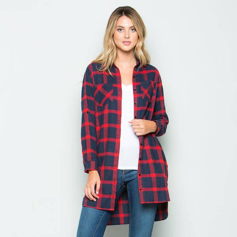 Plaid roll up sleeve tunic shirts