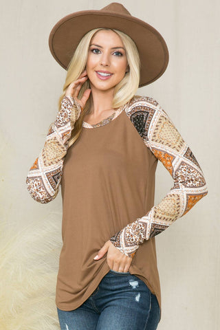 T7329-1X - Plus Solid Geometric Contrast Long Sleeve Top